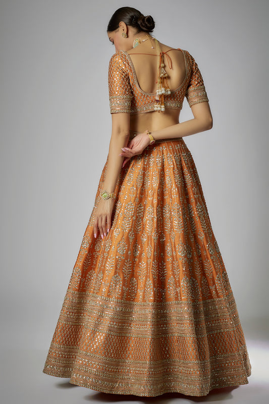 rust raw silk embroidered lehenga set