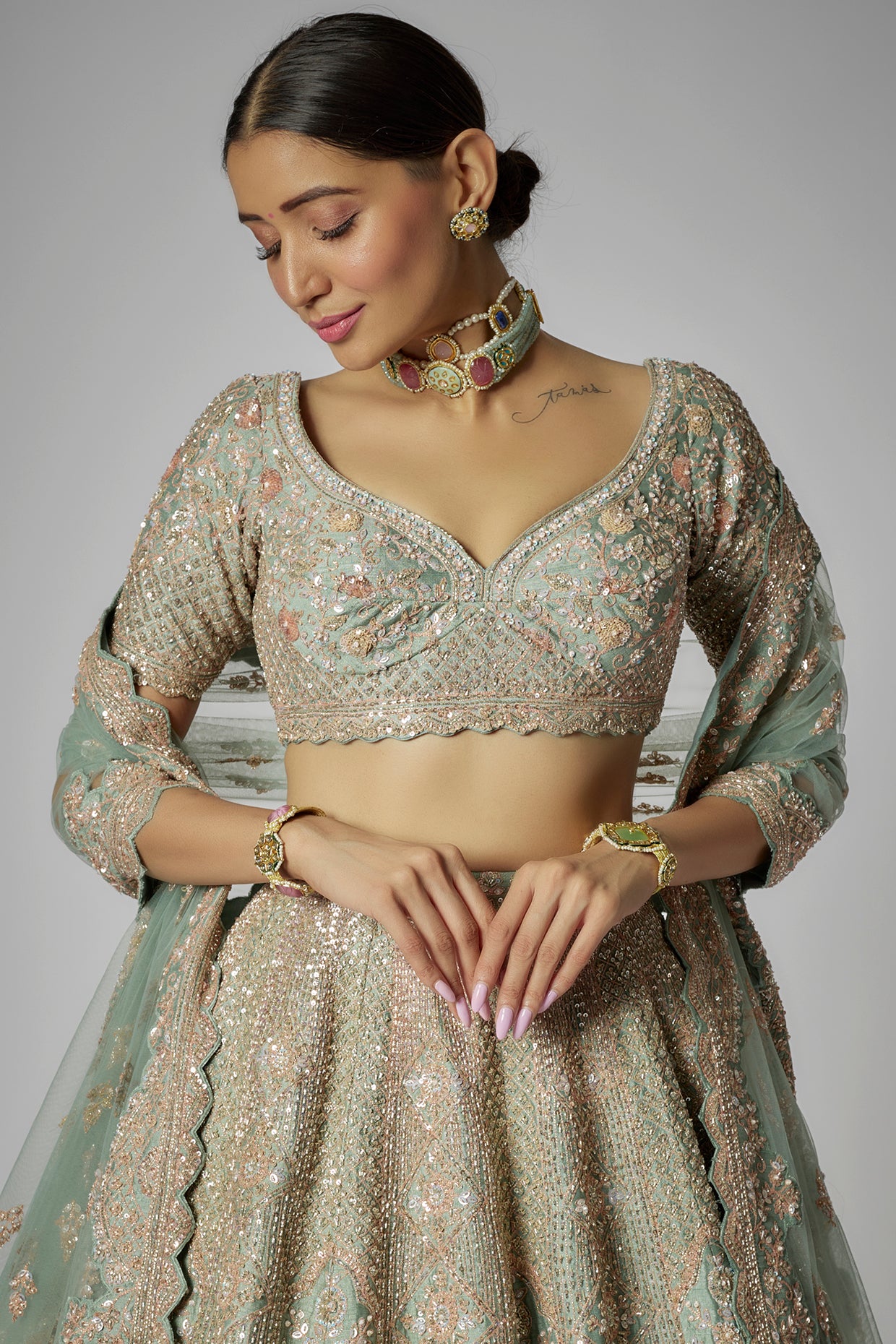 aqua raw silk embroidered lehenga set