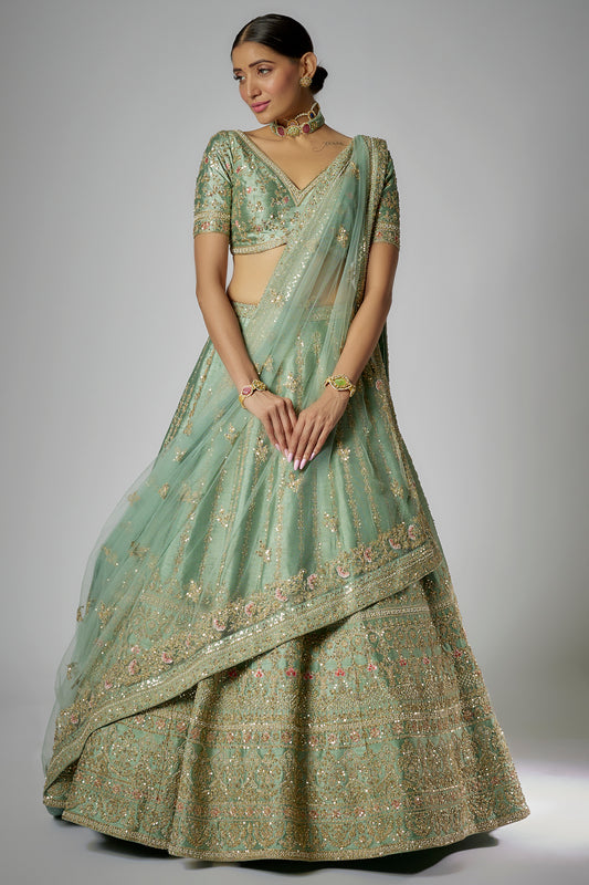 sea green raw silk embroidered lehenga set