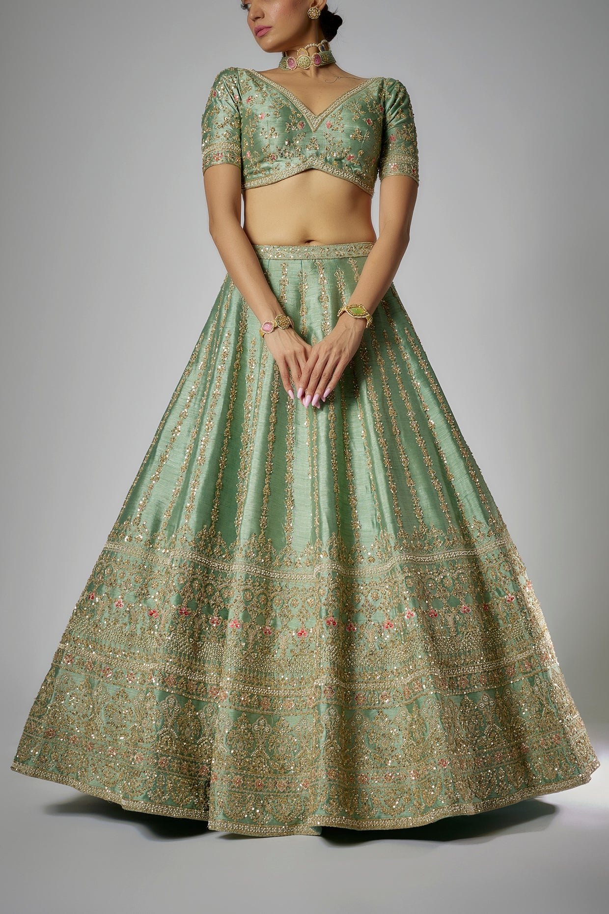sea green raw silk embroidered lehenga set