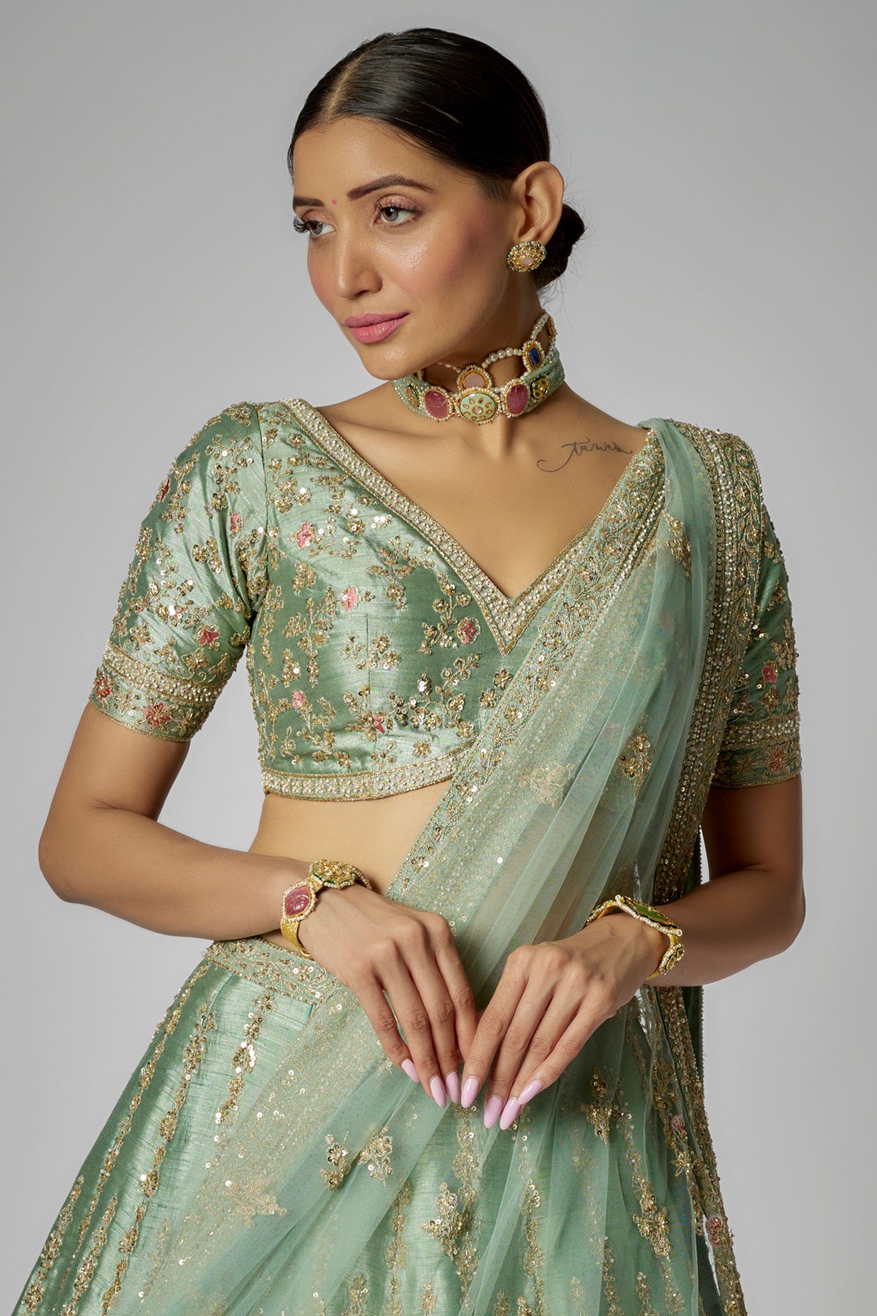 sea green raw silk embroidered lehenga set