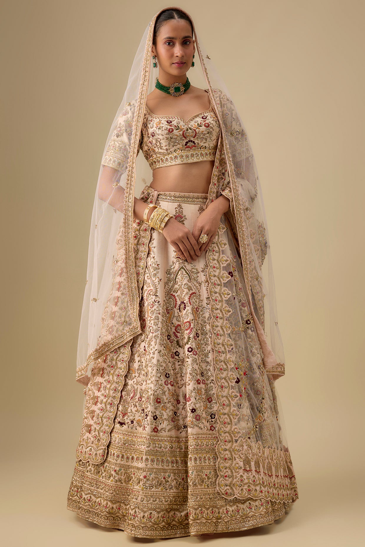 peach raw silk hand & machine embroidered lehenga set