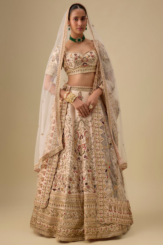 peach raw silk hand & machine embroidered lehenga set