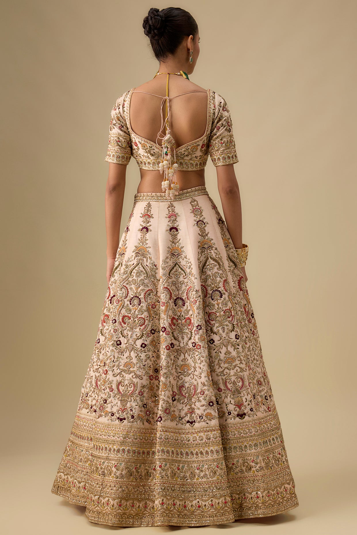 peach raw silk hand & machine embroidered lehenga set