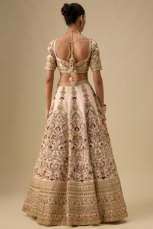 peach raw silk hand & machine embroidered lehenga set