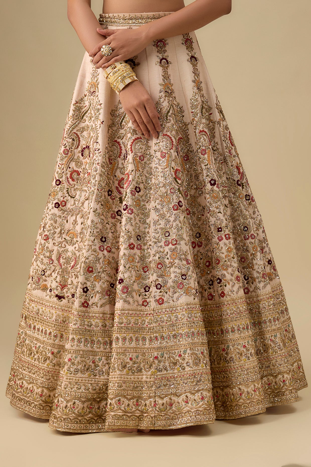 peach raw silk hand & machine embroidered lehenga set