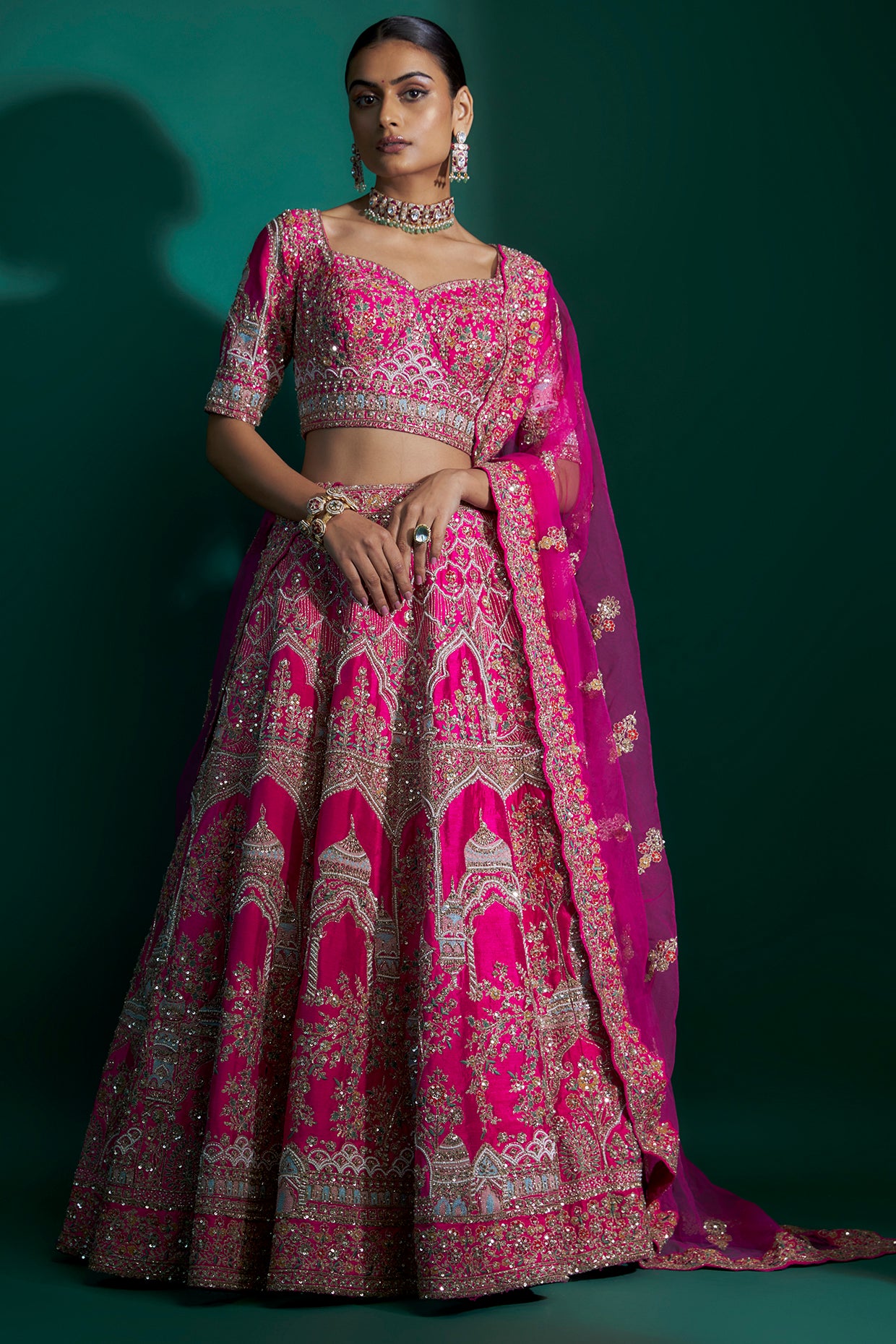 fuchsia raw silk cutdana hand & machine embroidered lehenga set