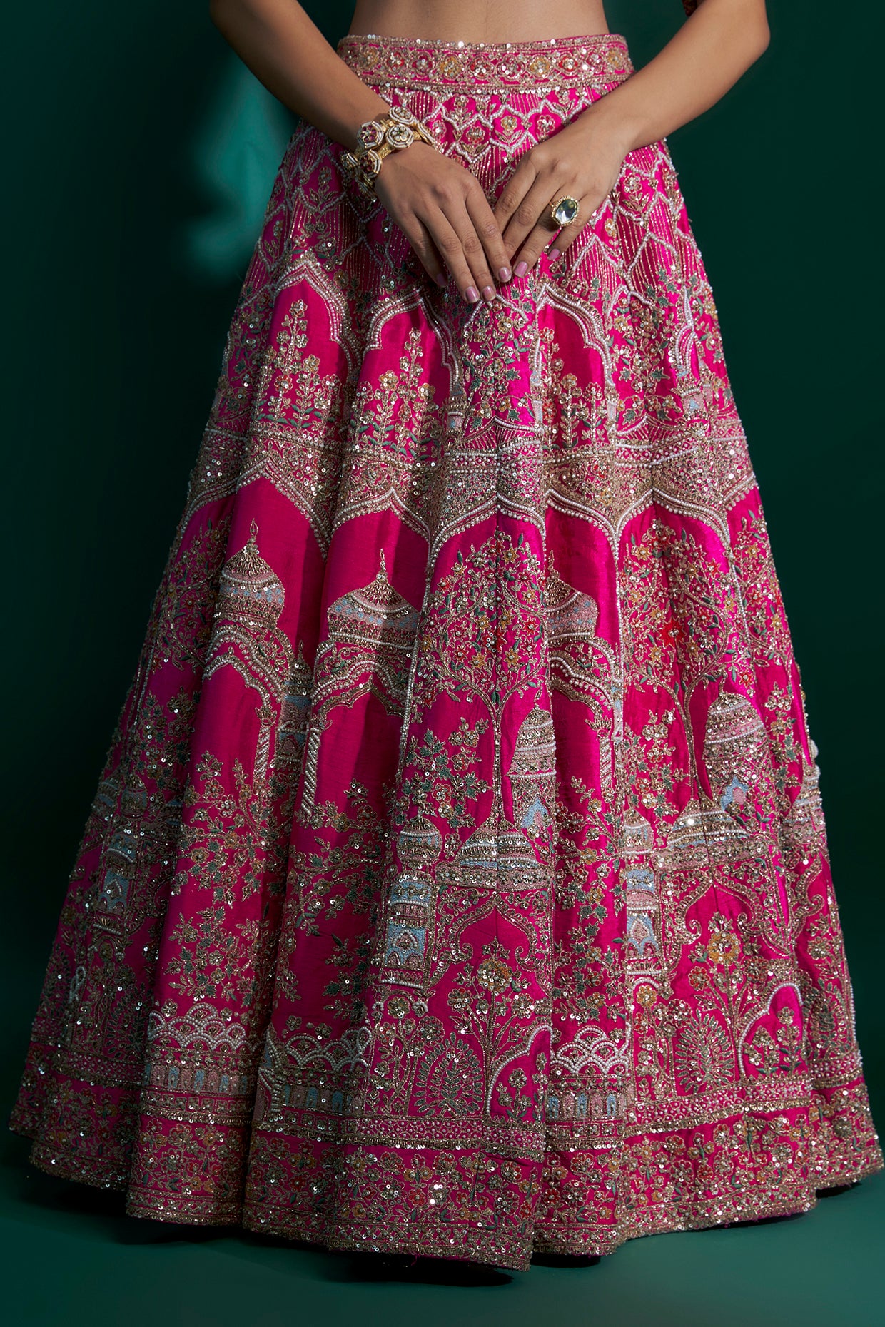 fuchsia raw silk cutdana hand & machine embroidered lehenga set
