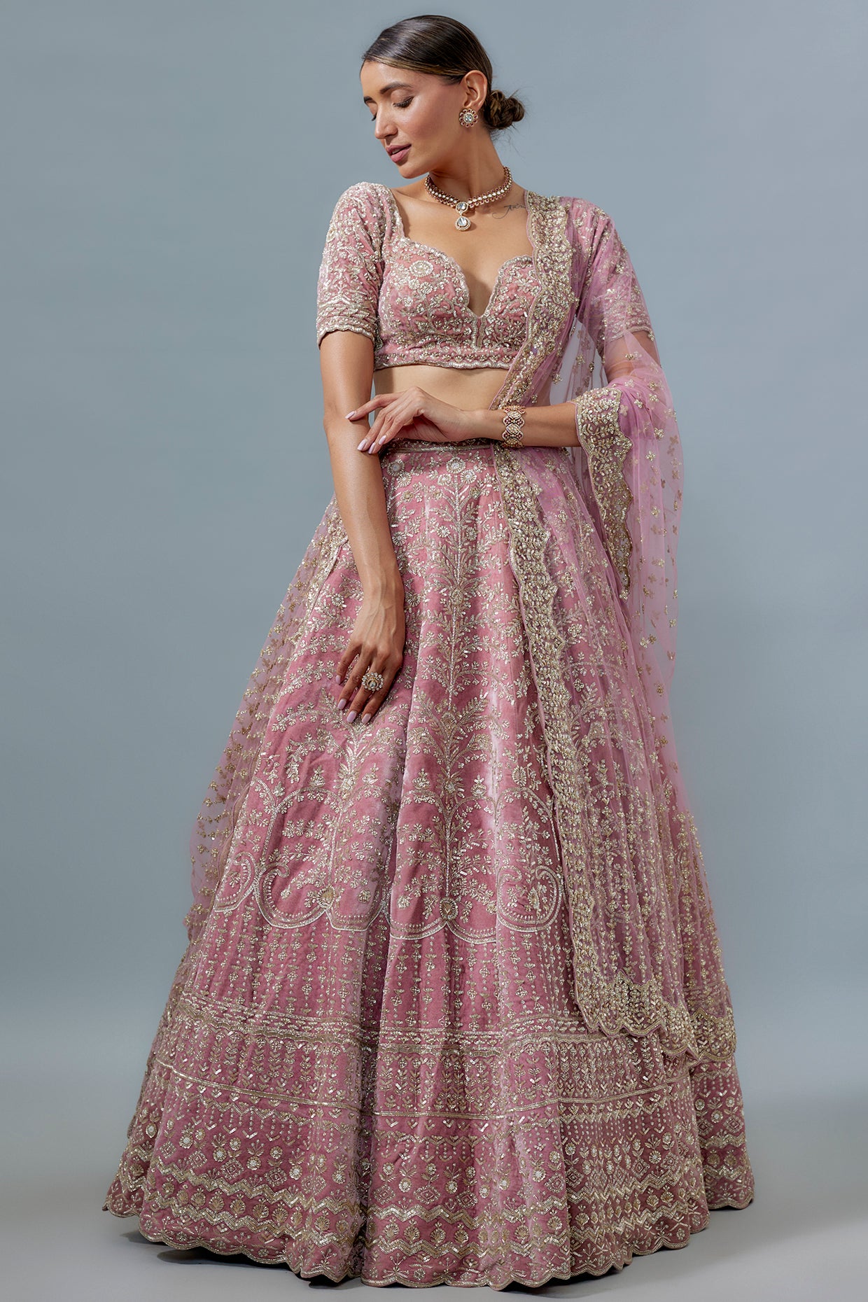 mauve velvet hand embroidered lehenga set