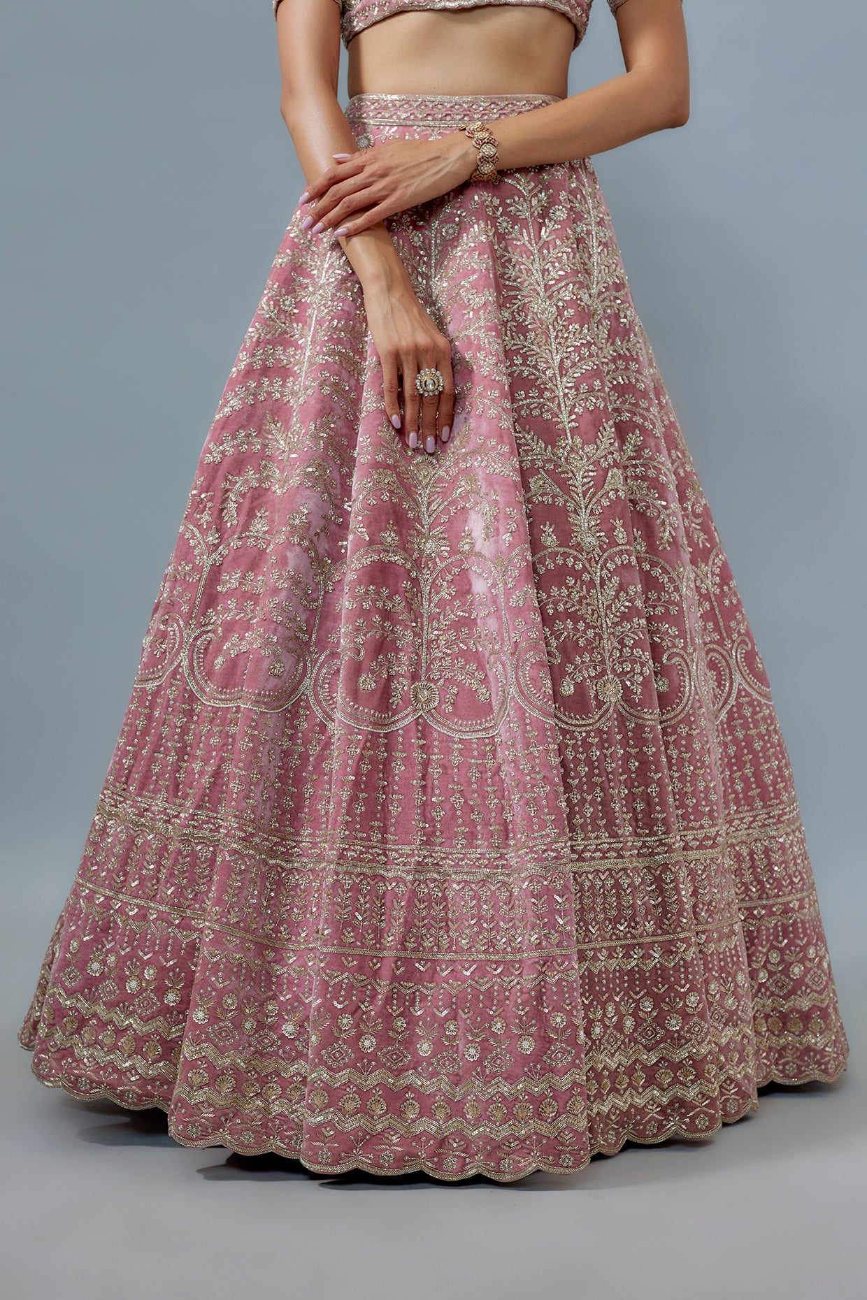 mauve velvet hand embroidered lehenga set