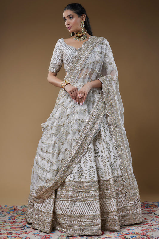 ivory raw silk embroidered lehenga set