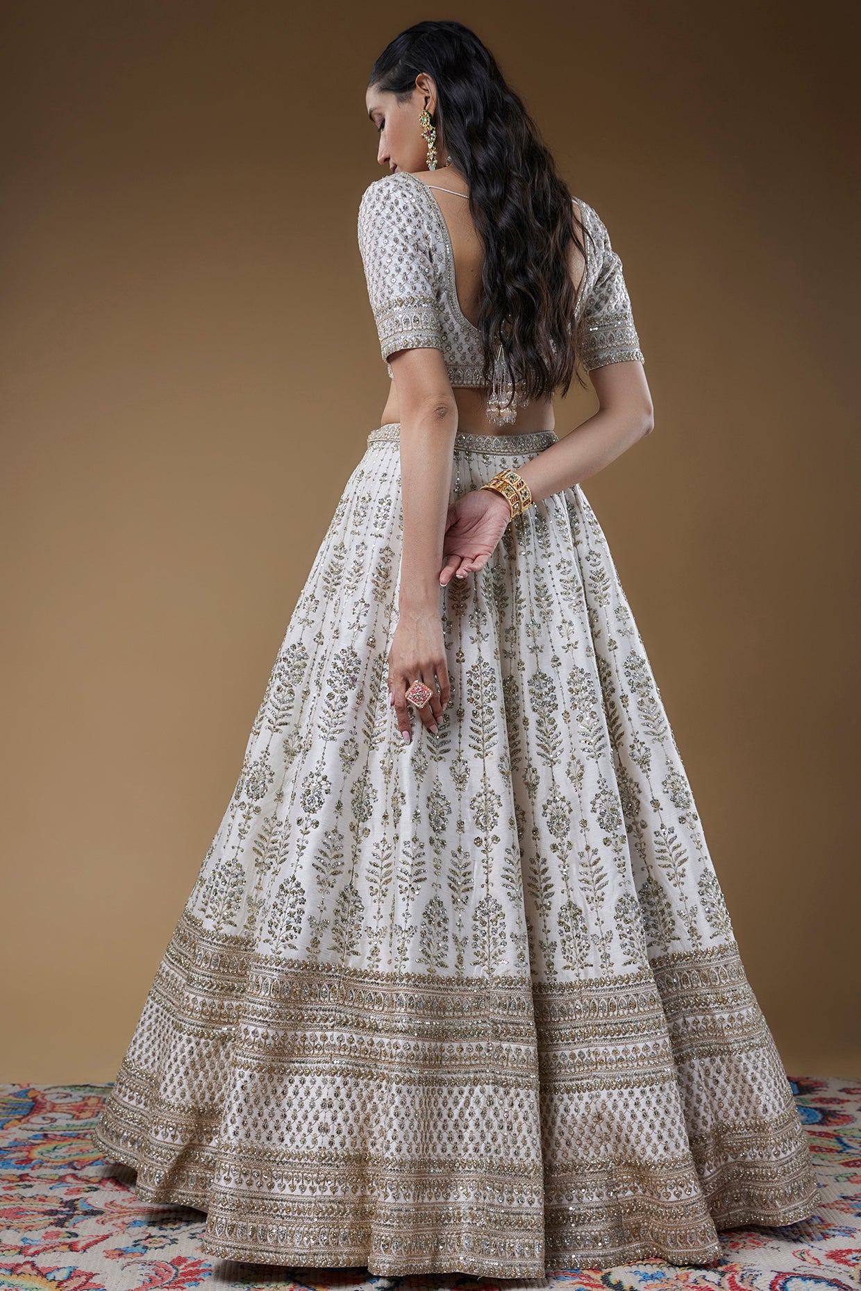 ivory raw silk embroidered lehenga set