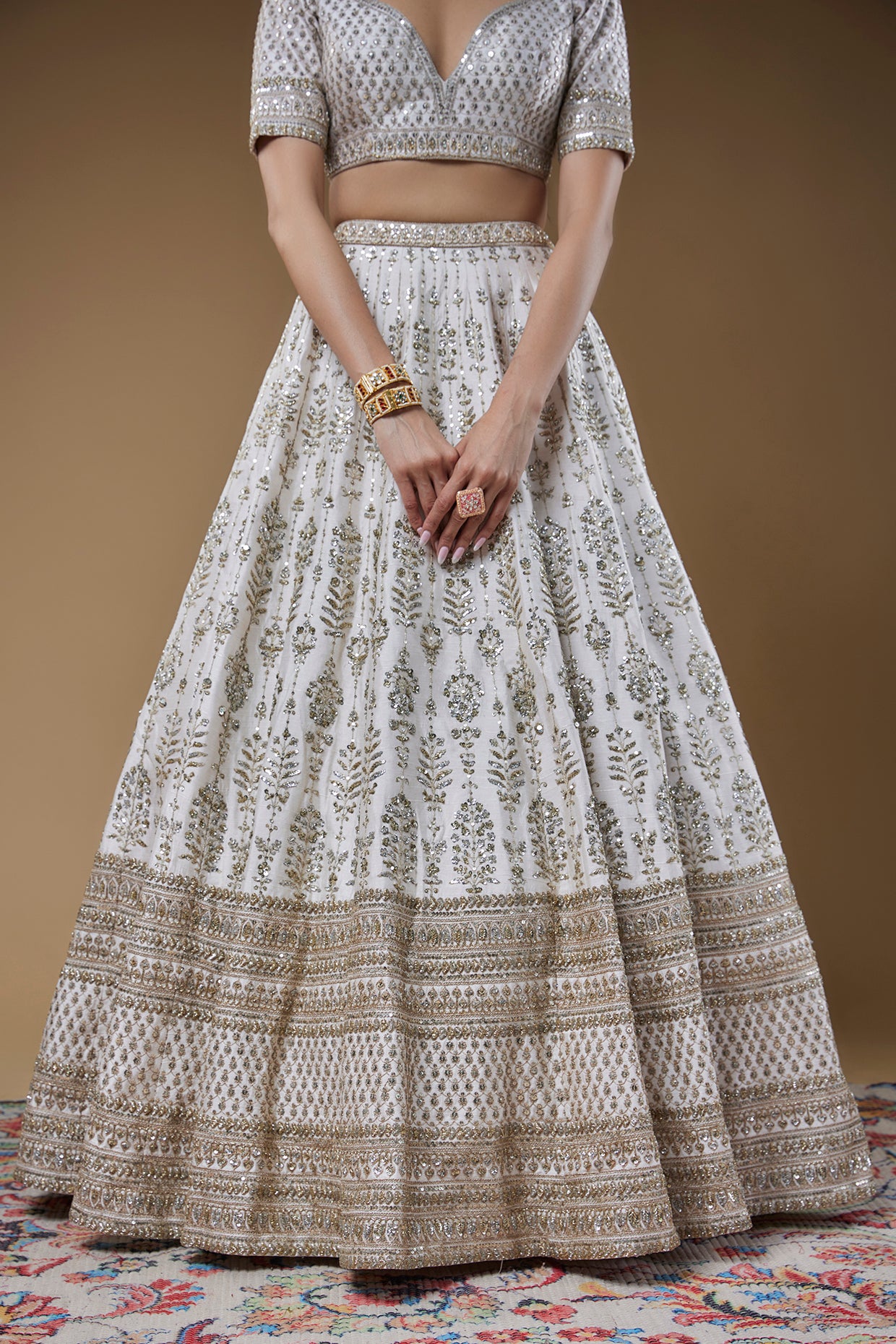 ivory raw silk embroidered lehenga set