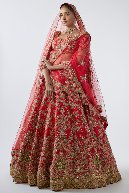 red raw silk embellished lehenga set