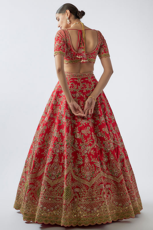 red raw silk embellished lehenga set