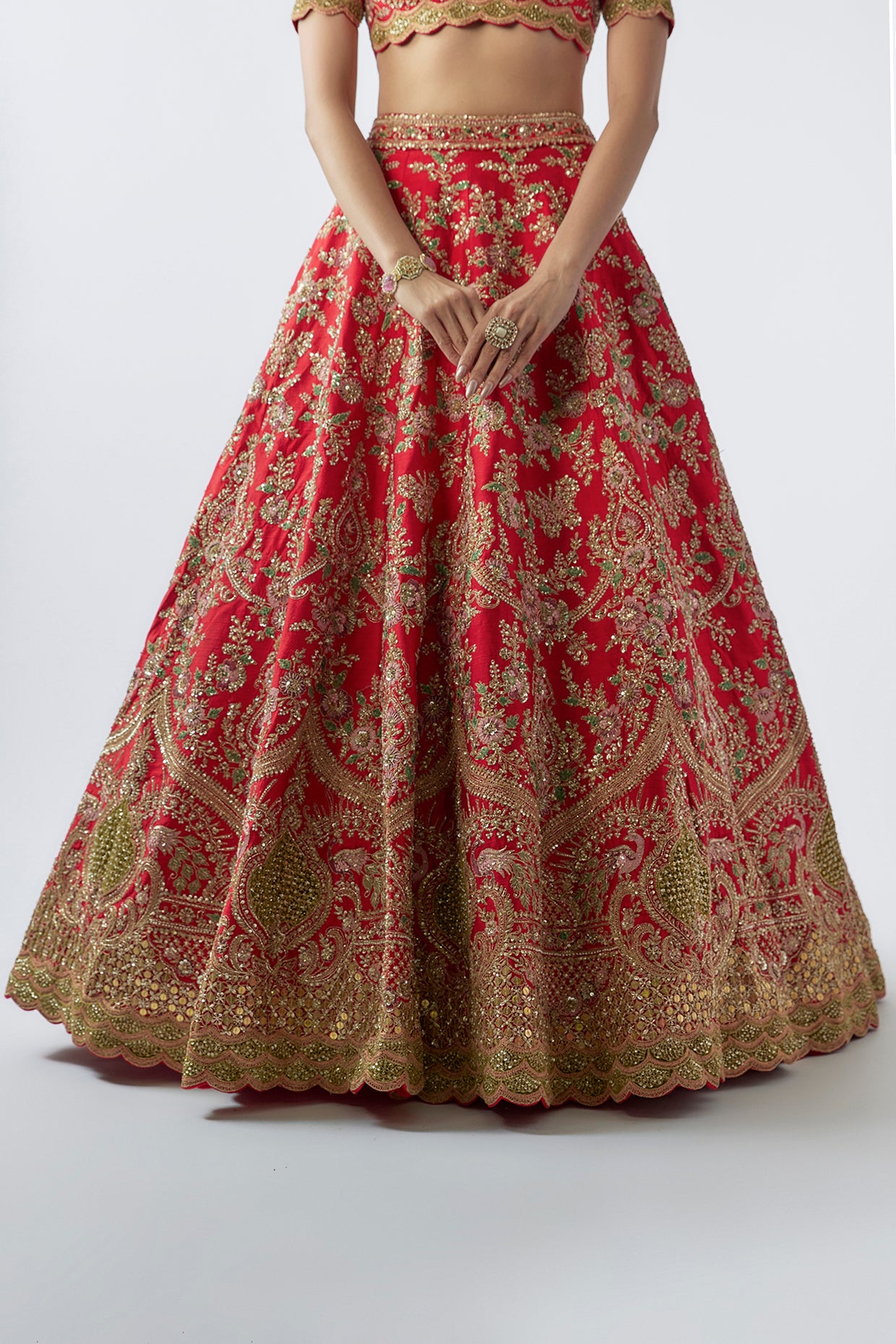 red raw silk embellished lehenga set