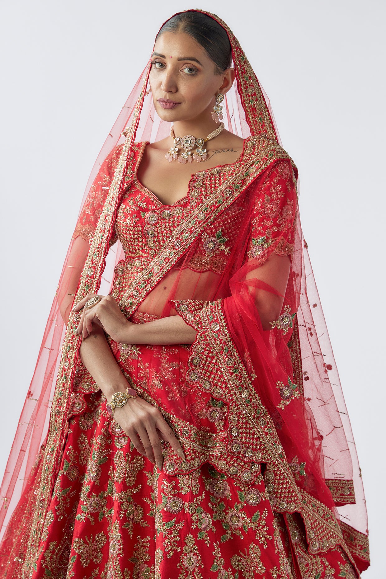 red raw silk embellished lehenga set