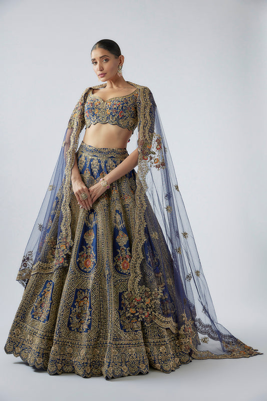 navy blue raw silk embellished lehenga set