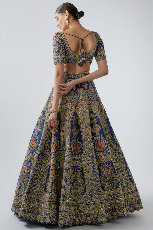 navy blue raw silk embellished lehenga set