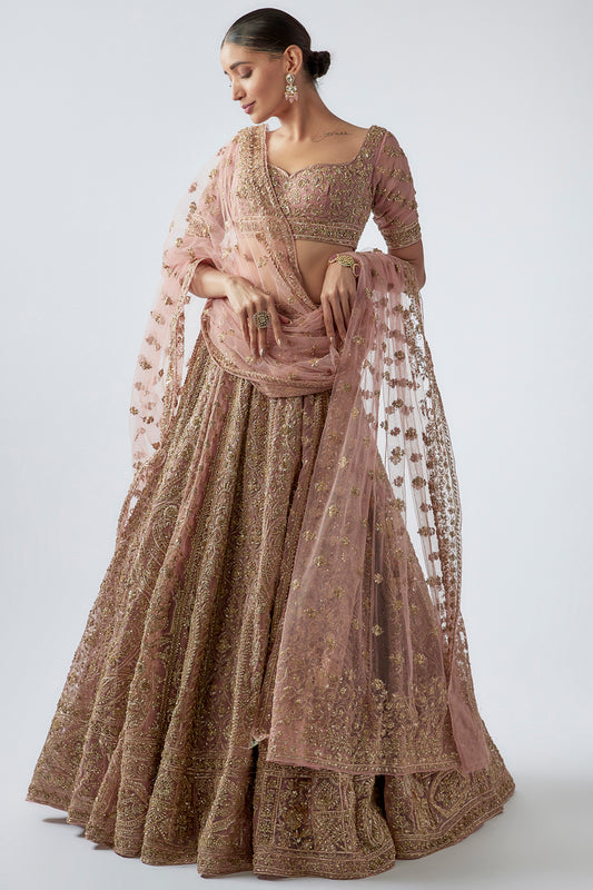 peach organza embellished lehenga set