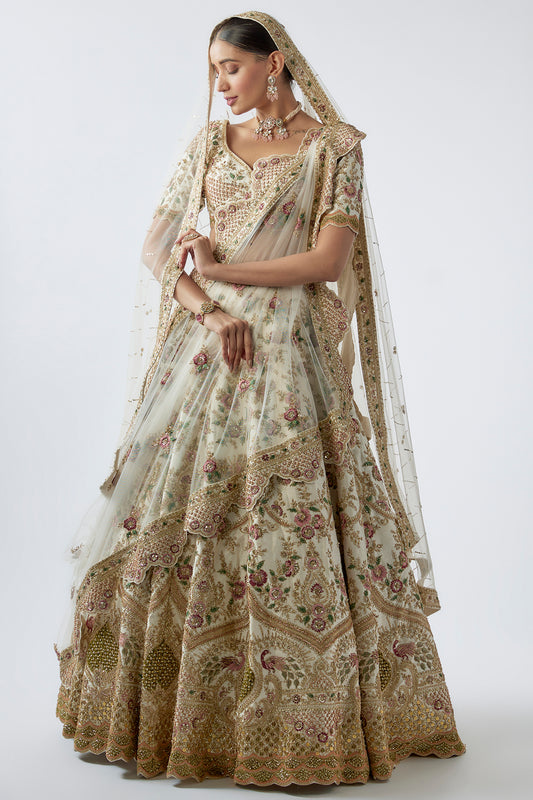 ivory raw silk embellished lehenga set