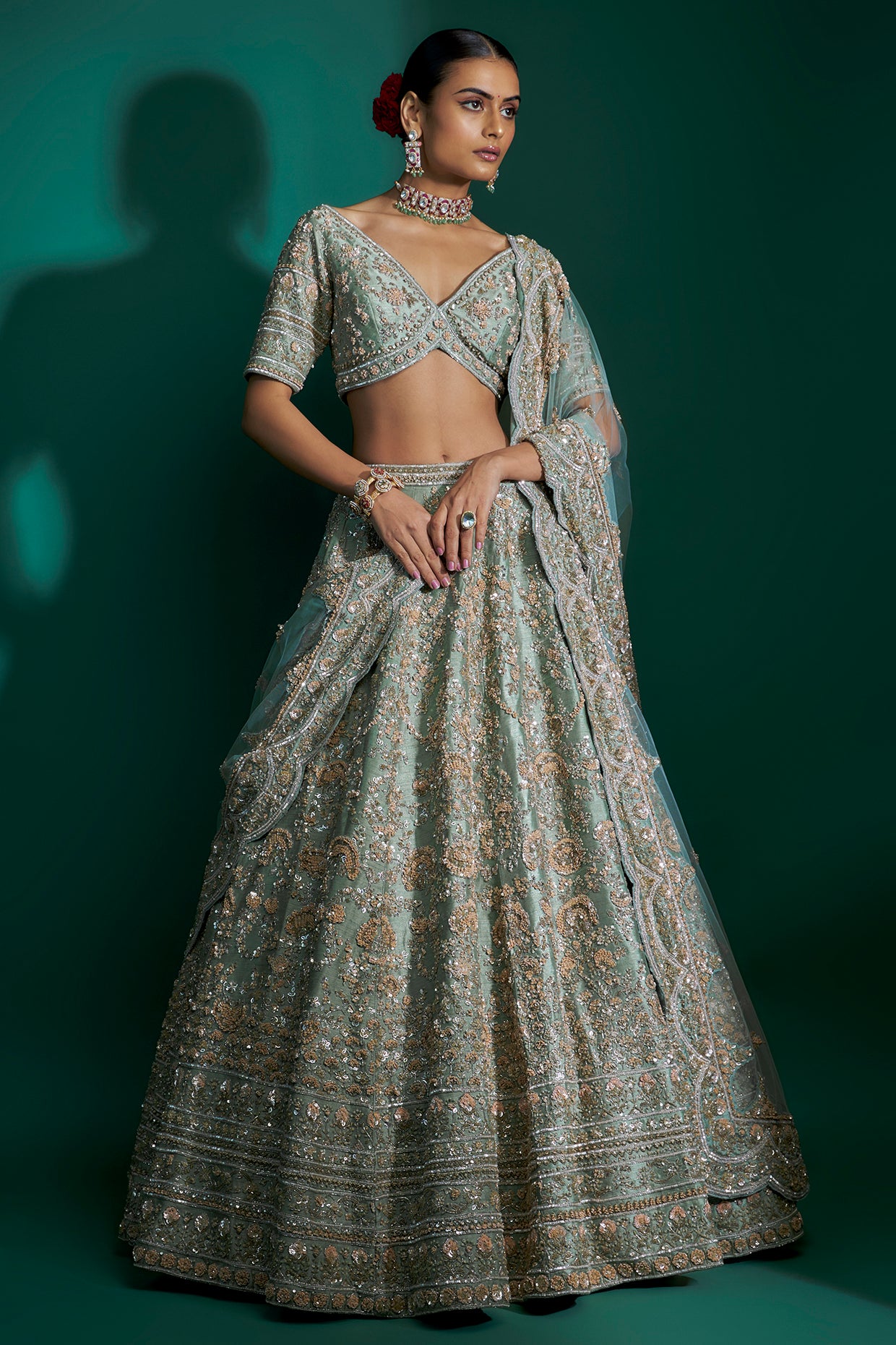 dusty firoza raw silk sequins hand & machine embroidered lehenga set