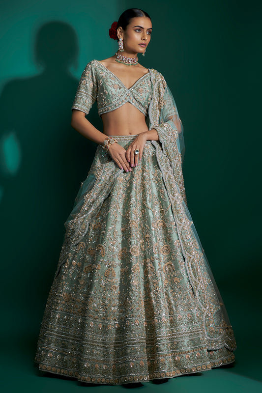 dusty firoza raw silk sequins hand & machine embroidered lehenga set