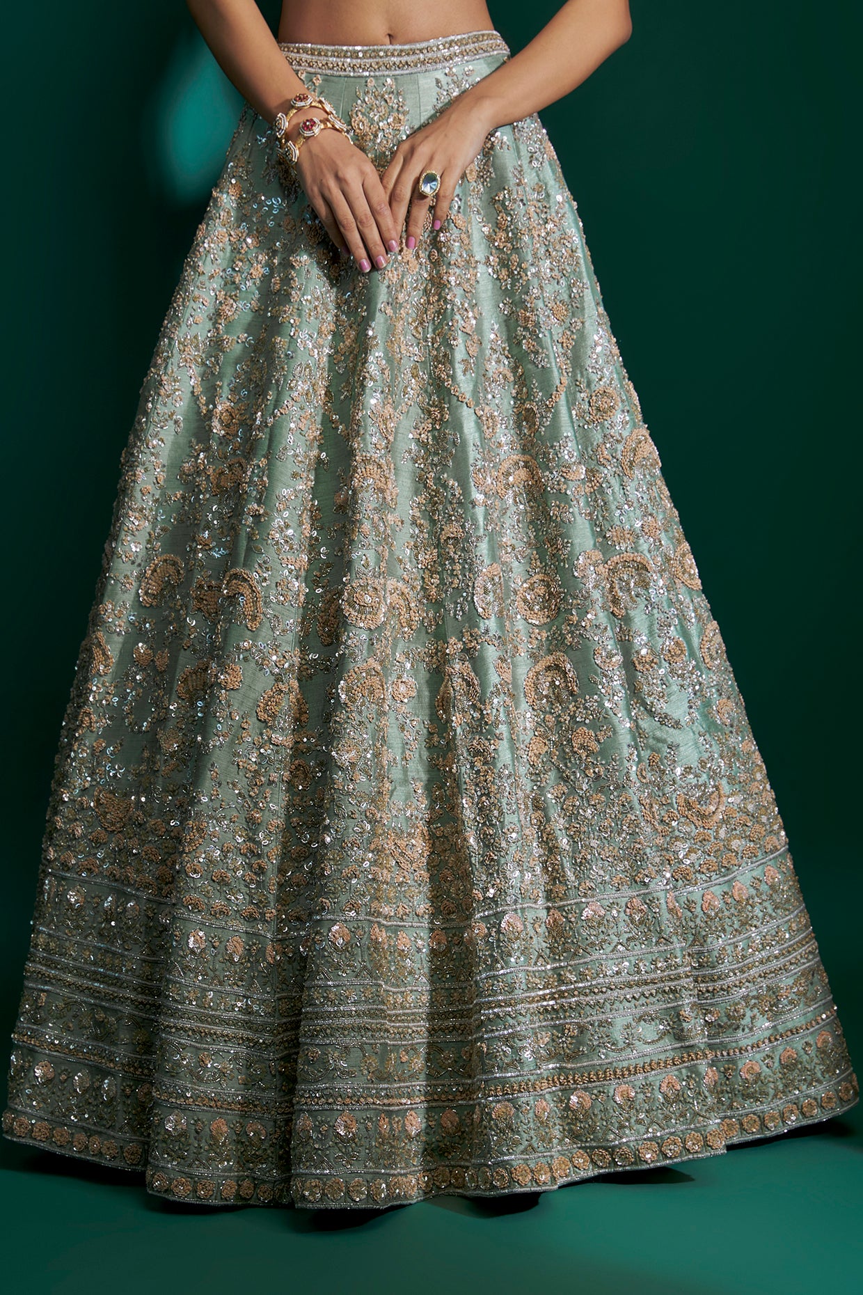 dusty firoza raw silk sequins hand & machine embroidered lehenga set