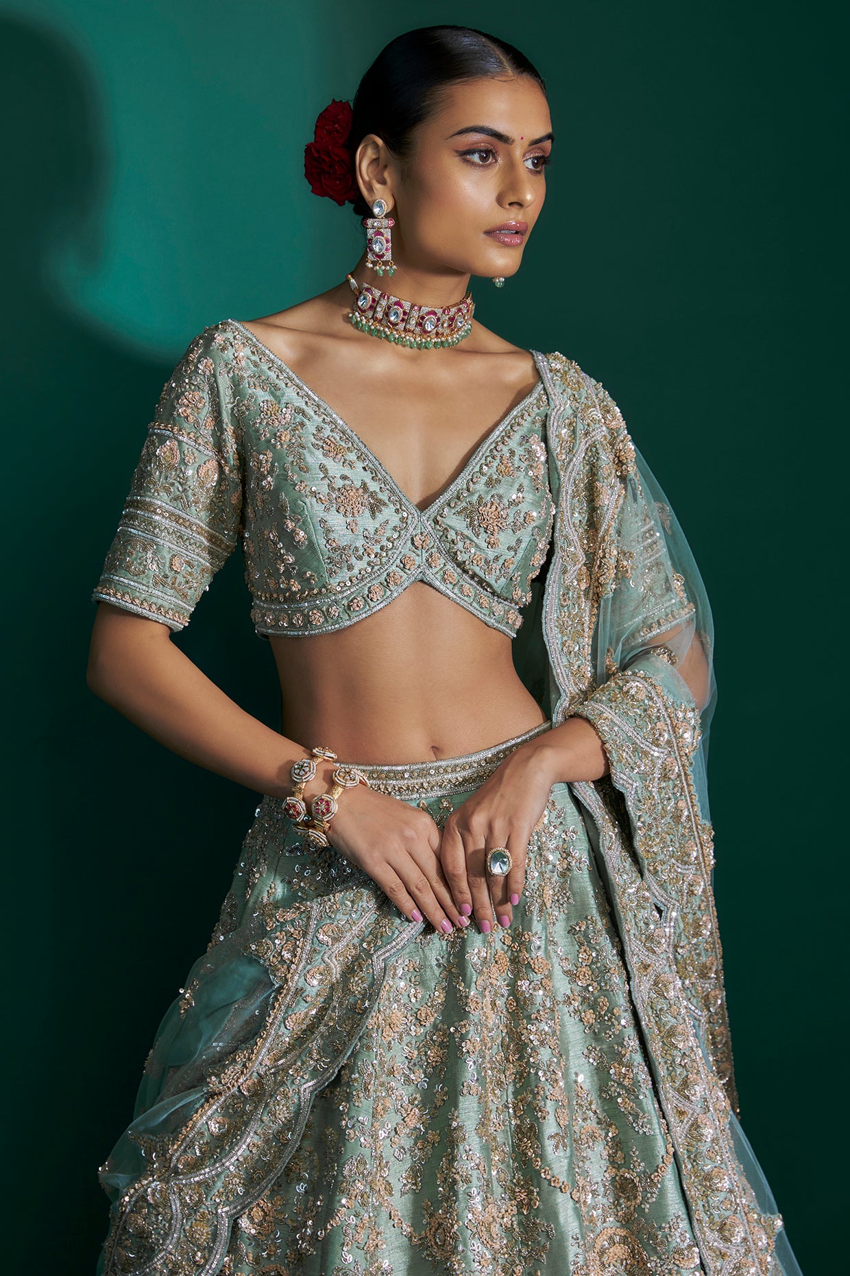 dusty firoza raw silk sequins hand & machine embroidered lehenga set