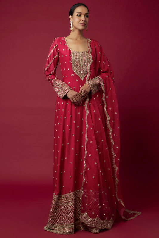 red chanderi hand & machine embroidered anarkali set