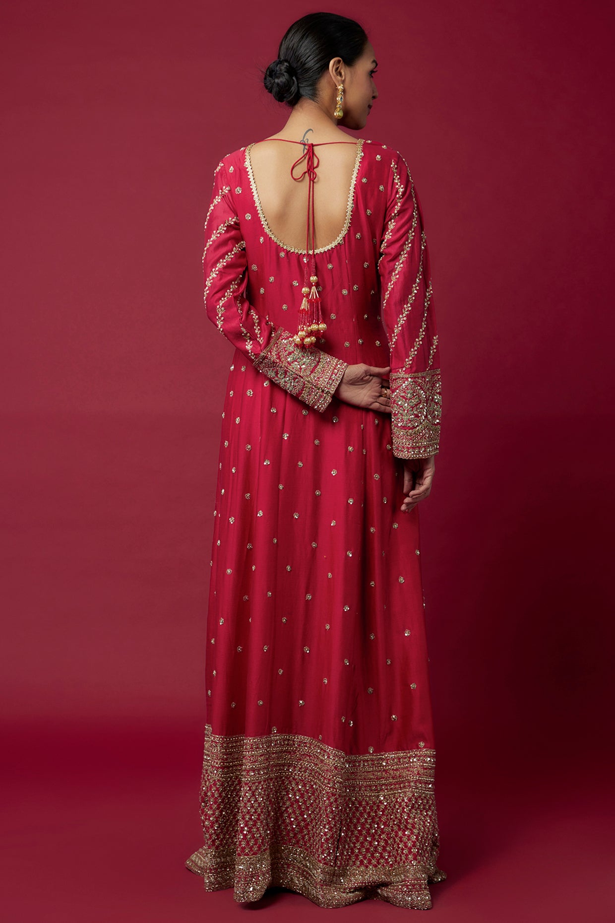red chanderi hand & machine embroidered anarkali set