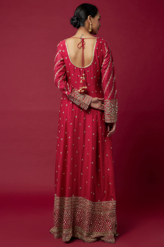 red chanderi hand & machine embroidered anarkali set