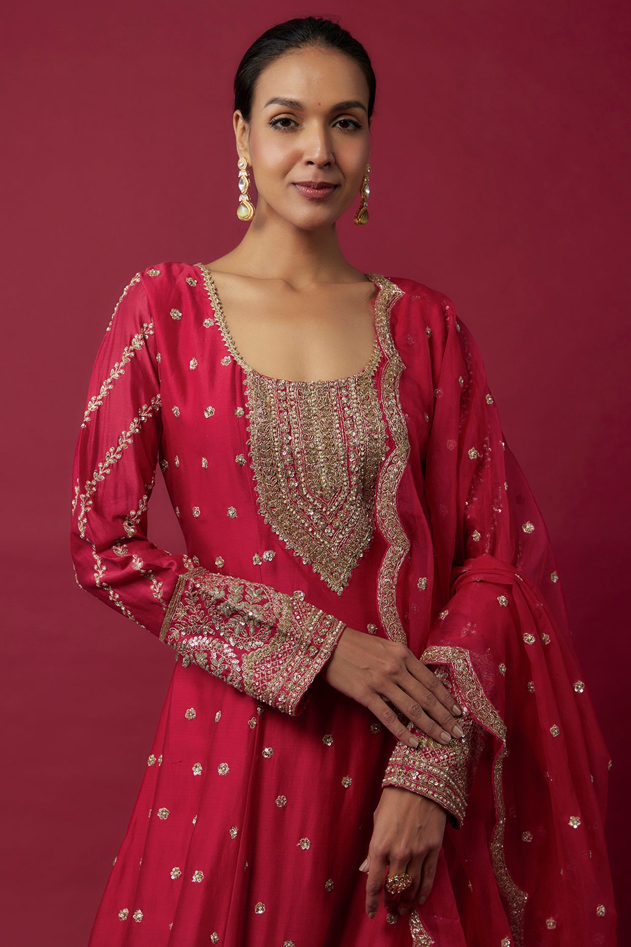 red chanderi hand & machine embroidered anarkali set