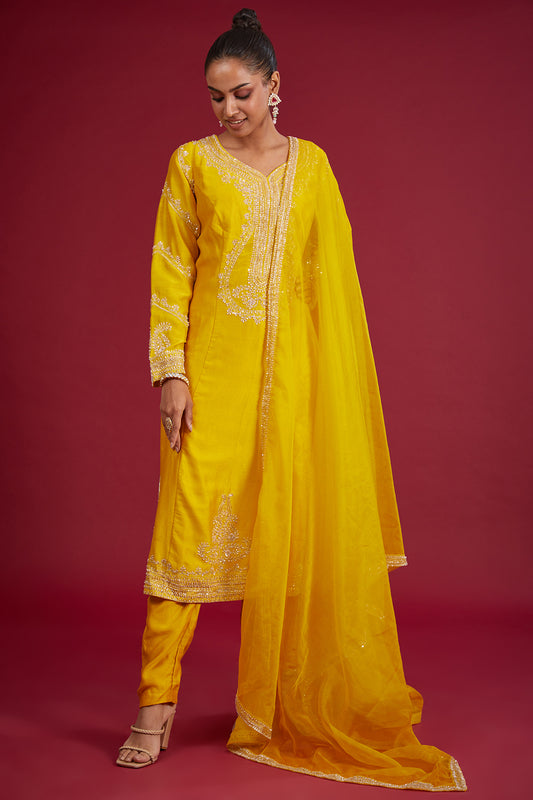 mustard chanderi sequins embroidered kurta set