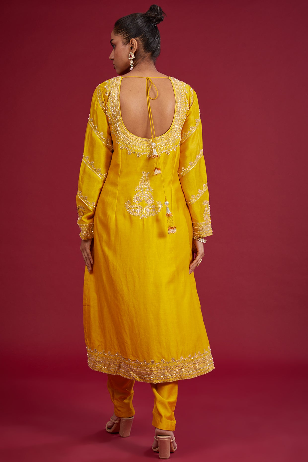 mustard chanderi sequins embroidered kurta set