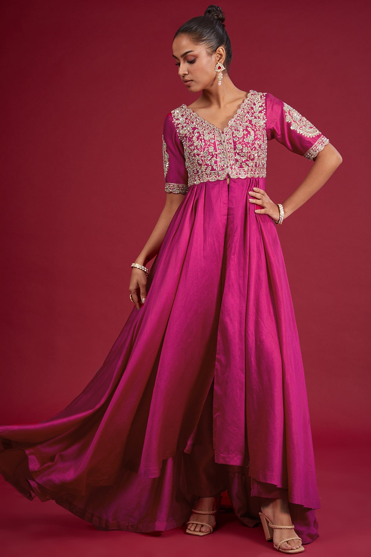 rani pink chanderi sequins embroidered kurta set