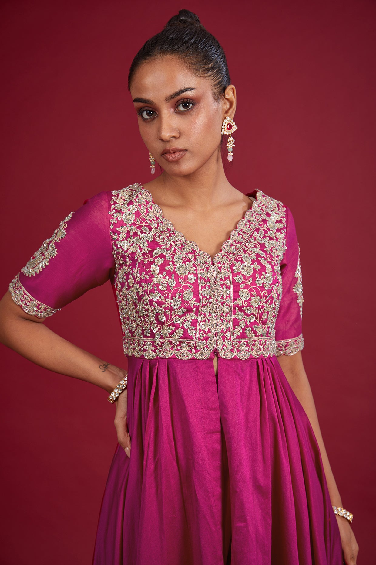 rani pink chanderi sequins embroidered kurta set