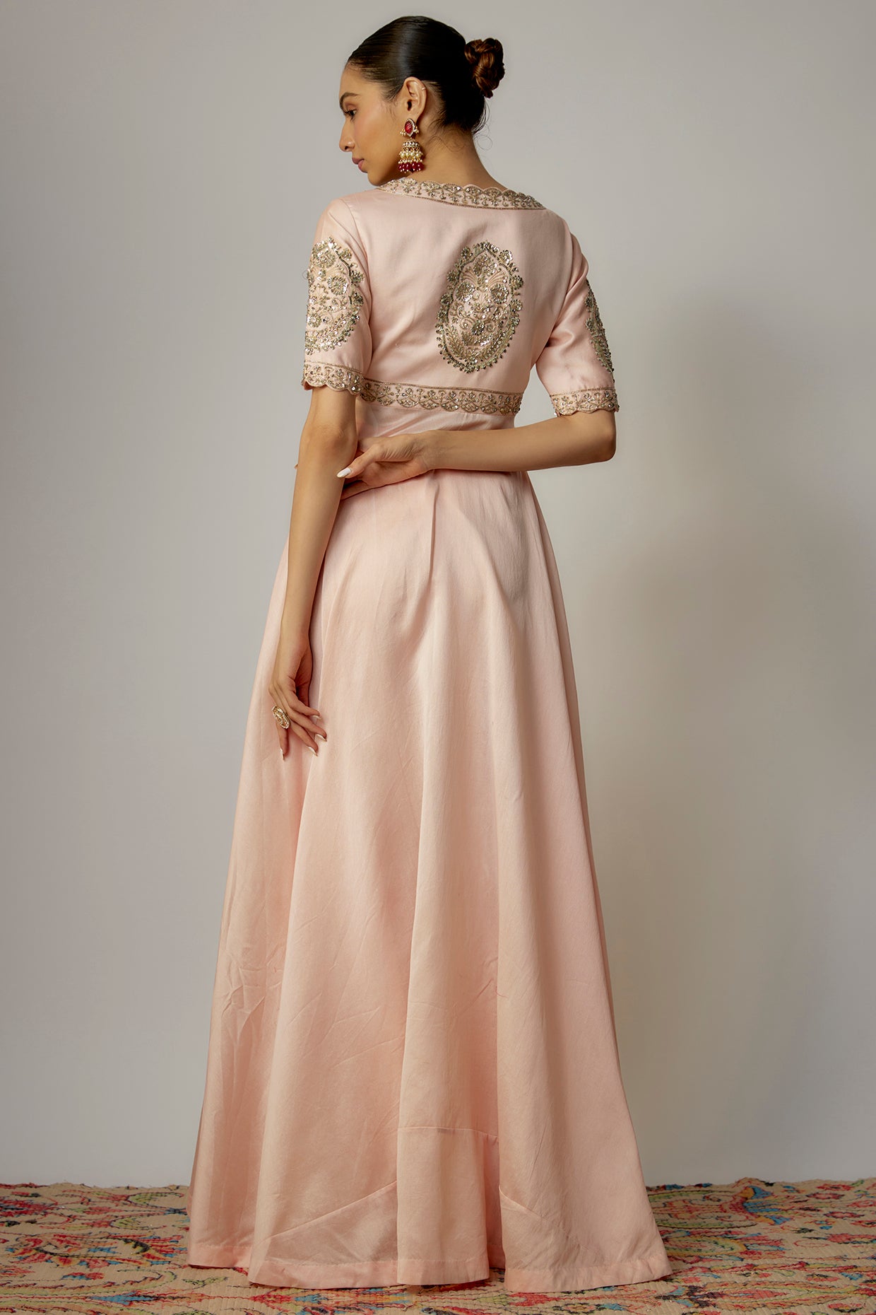 pink crepe silk hand embroidered tunic set