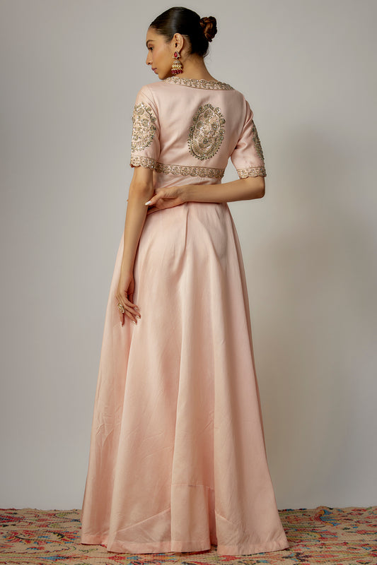 pink crepe silk hand embroidered tunic set