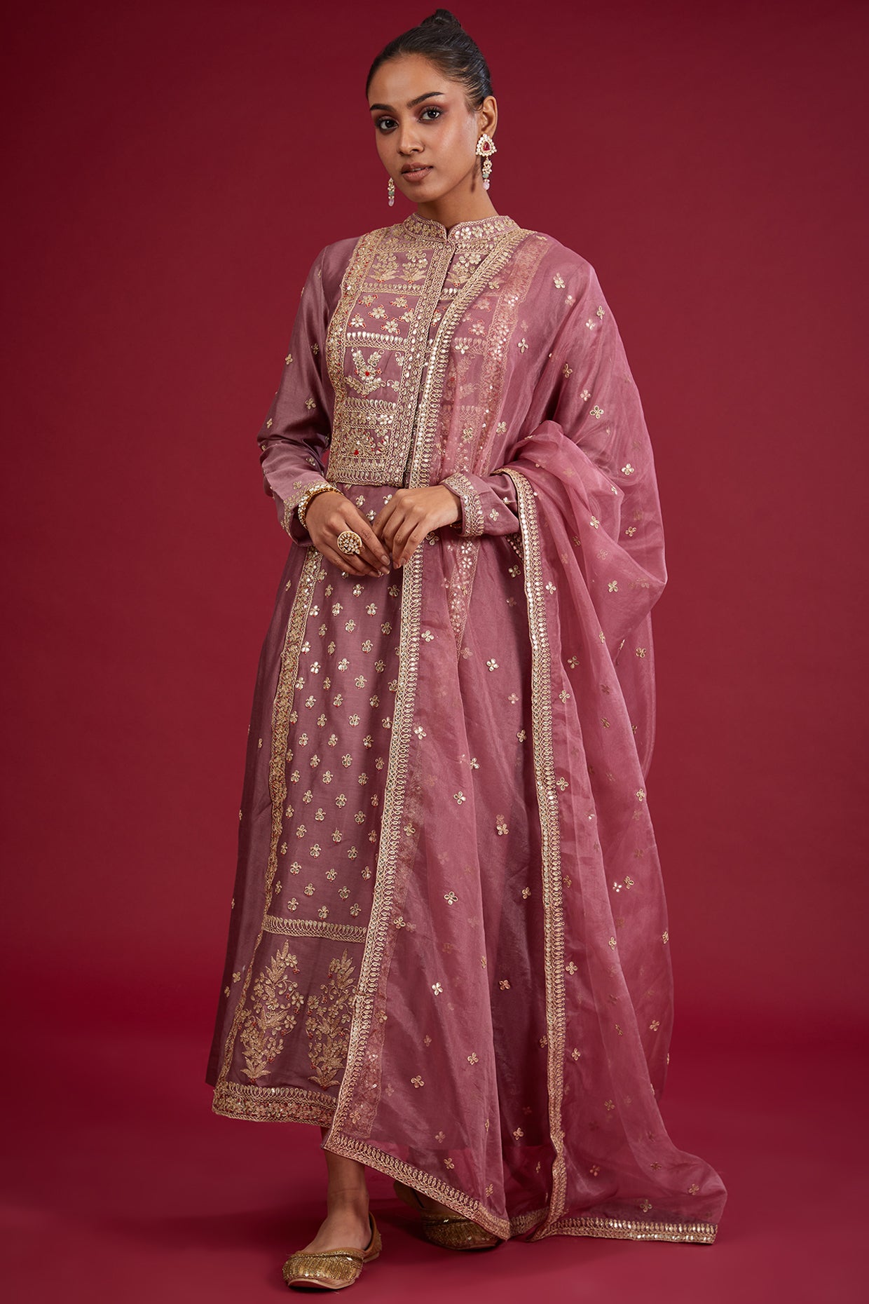 Mauve chanderi sequins embroidered gown with dupatta