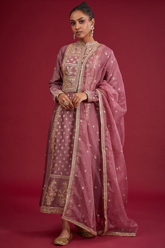 Mauve chanderi sequins embroidered gown with dupatta