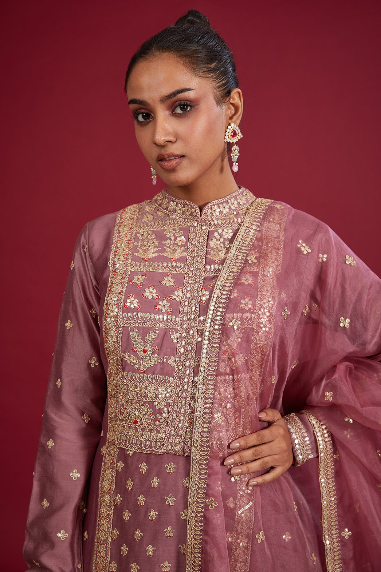 Mauve chanderi sequins embroidered gown with dupatta