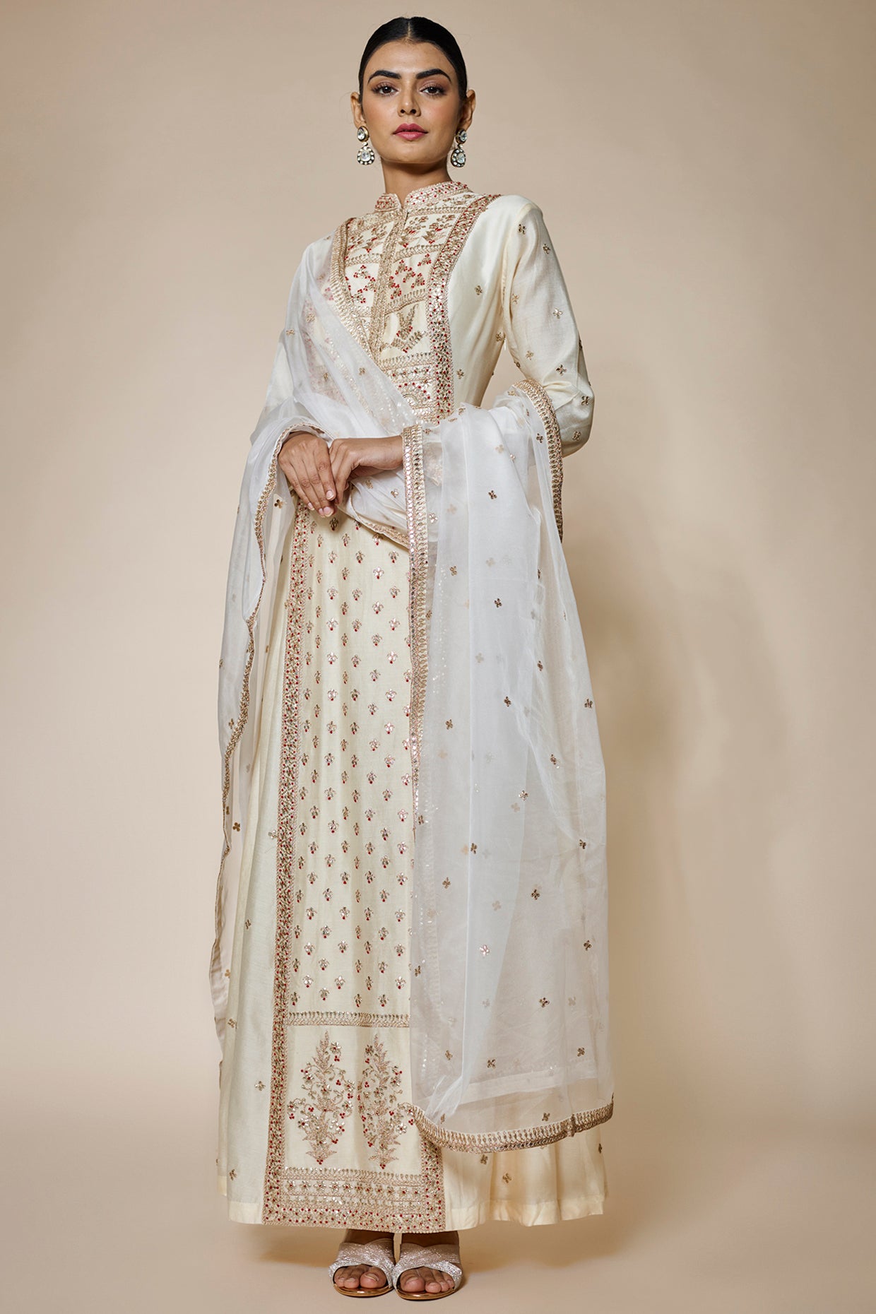 ivory chanderi hand & machine embroidered anarkali set