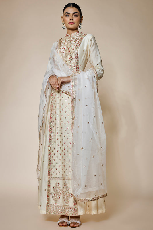 ivory chanderi hand & machine embroidered anarkali set