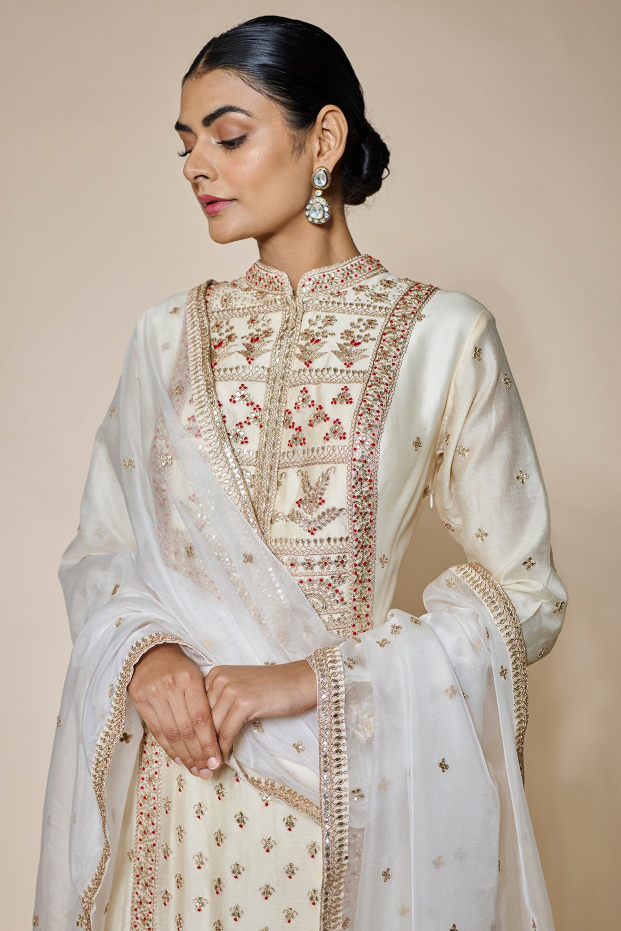 ivory chanderi hand & machine embroidered anarkali set