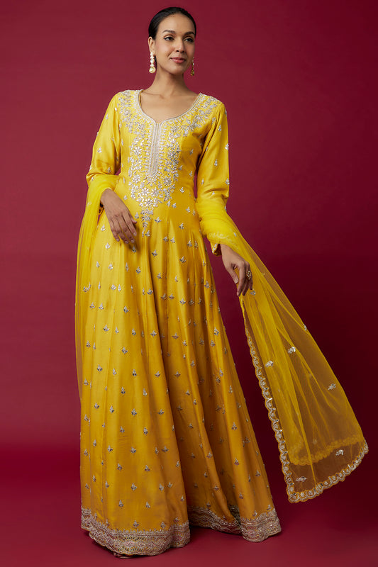 yellow chanderi hand & machine embroidered anarkali set