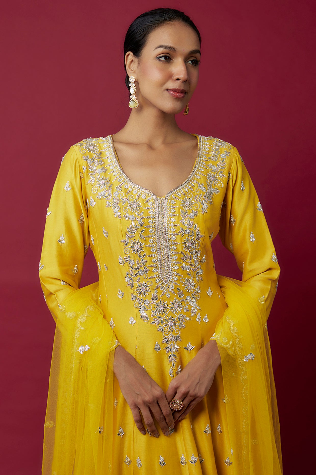 yellow chanderi hand & machine embroidered anarkali set