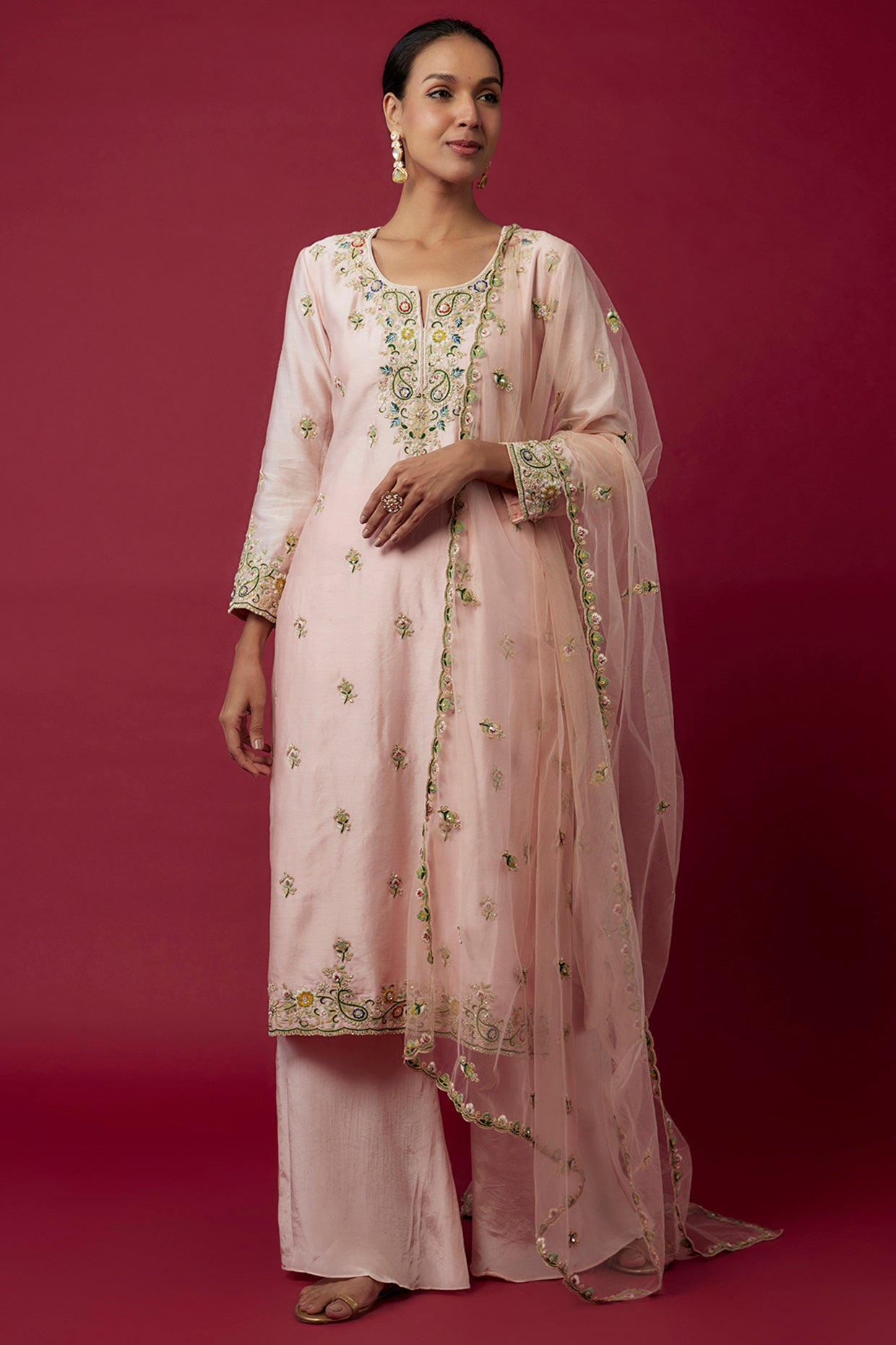 Pink Chanderi Hand & Machine Embroidered Kurta Set