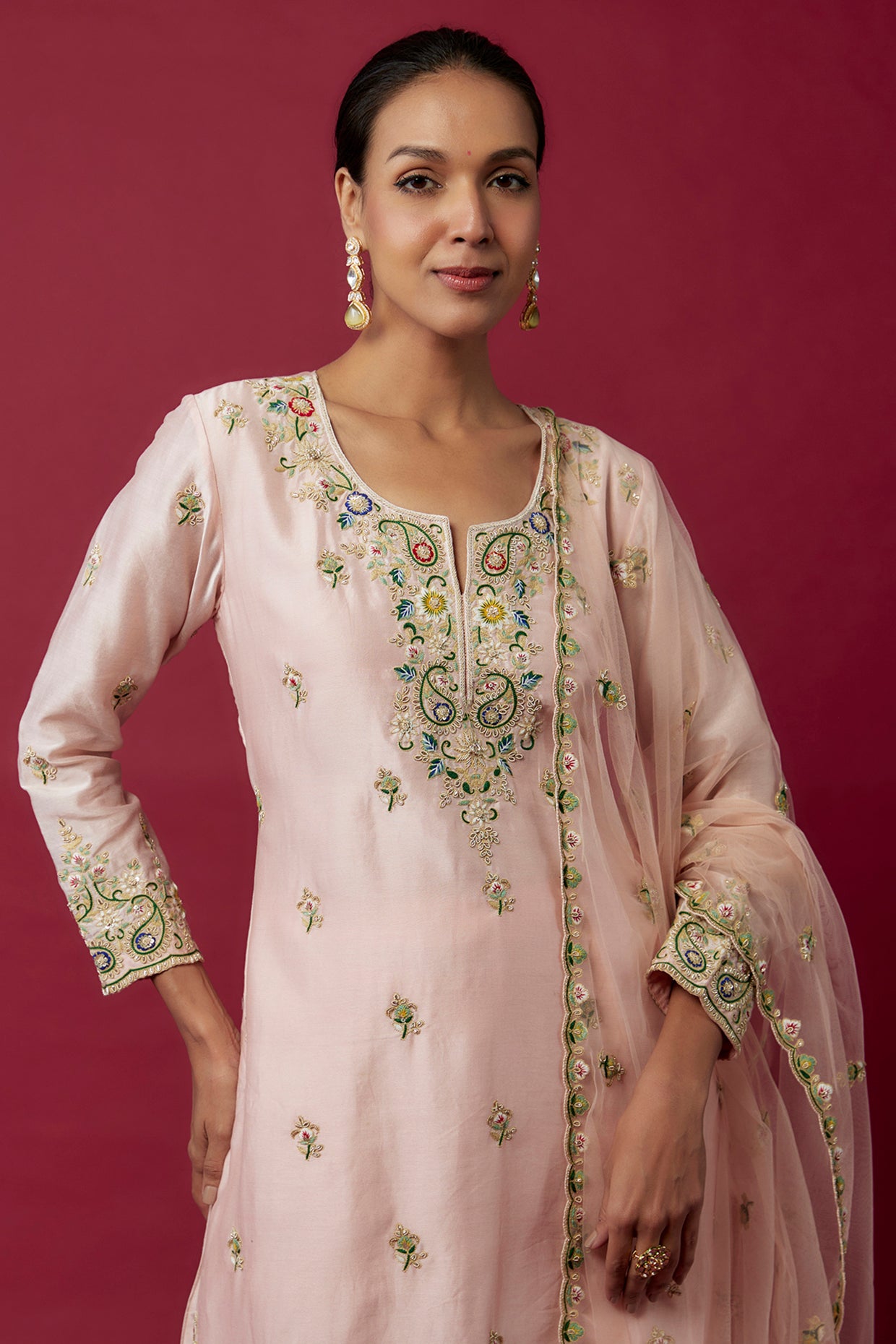 Pink Chanderi Hand & Machine Embroidered Kurta Set