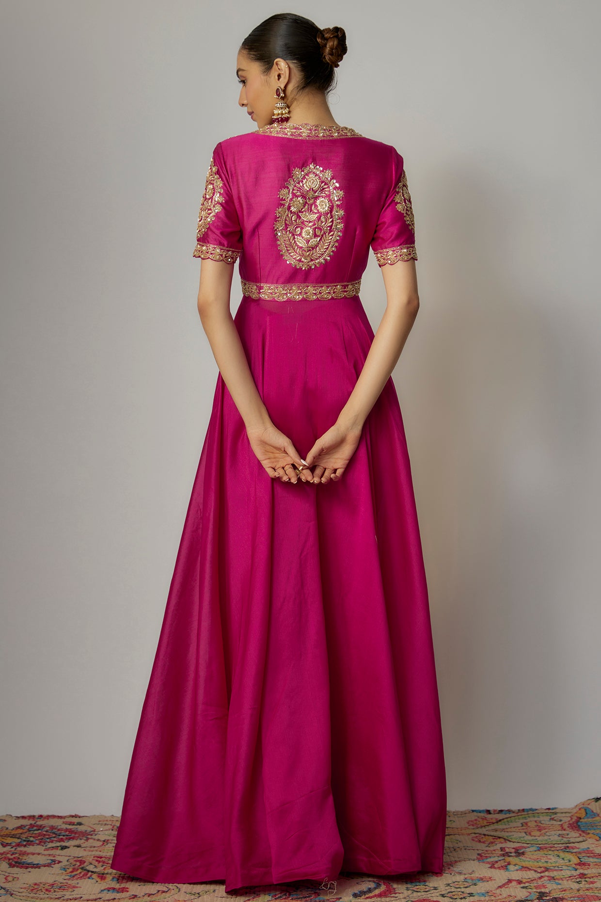 Rani pink crepe silk hand embroidered tunic set